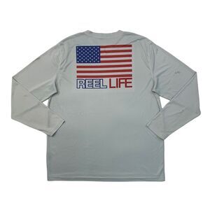 Reel Life Fishing T Shirt Mens L Large Blue USA Flag Sun Defender Long Sleeve